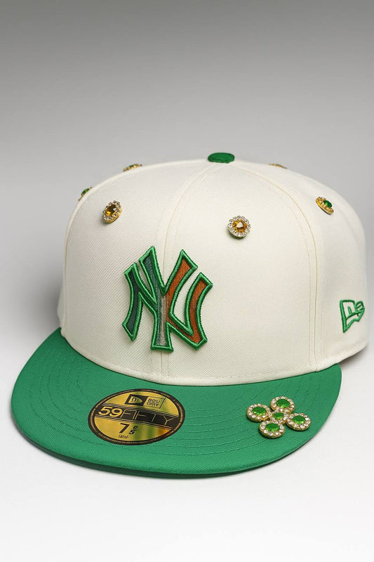 Custom NY Green & Cream Jeweled Fitted cap-59 Fifty